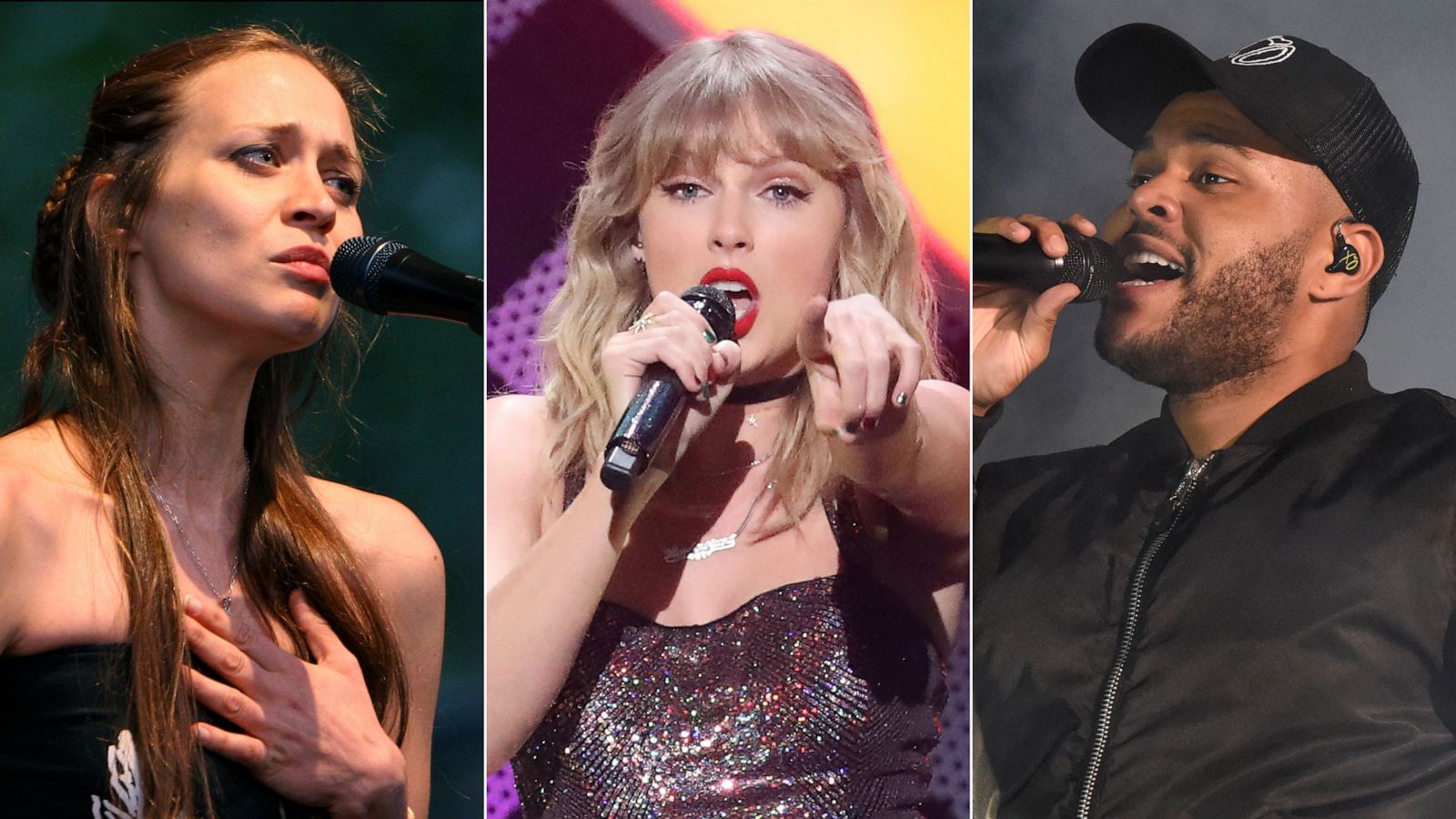 PHOTO: Fiona Apple performs in Central Park, Aug. 14, 2007, in New York. Taylor Swift performs during iHeartRadio's Z100 Jingle Ball 2019, Dec. 13, 2019, in New York. The Weeknd performs in San Francisco, Aug. 10, 2018.