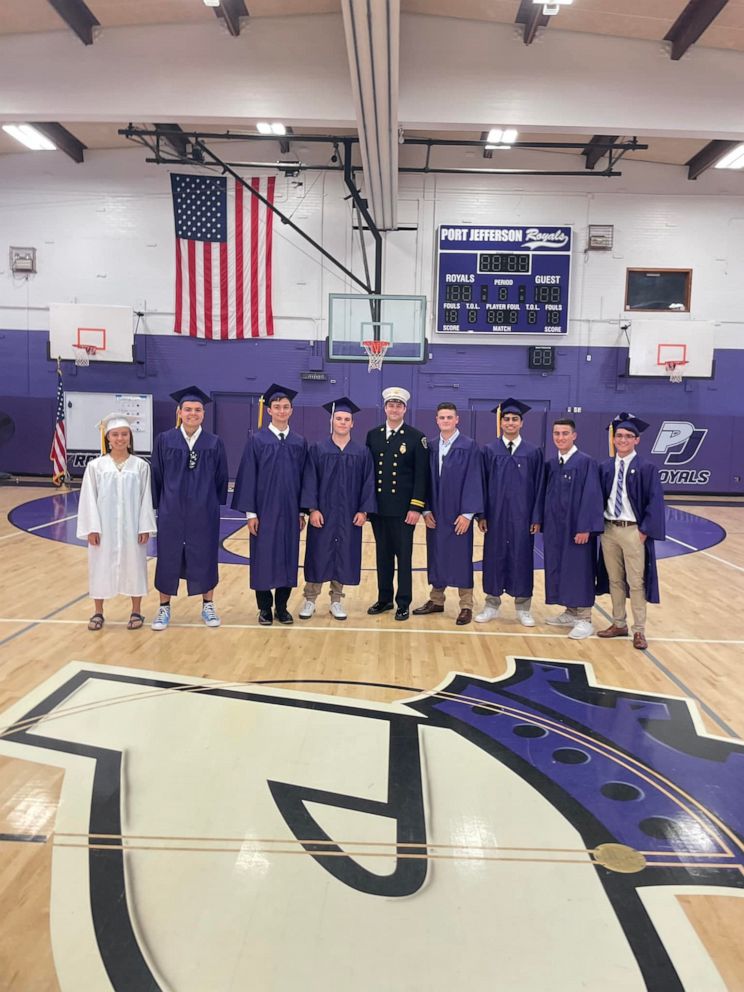 PHOTO: Six students from Port Jefferson High School on Long Island, who are fire department volunteers, raced to help put out a blaze just moments after collecting their diplomas.