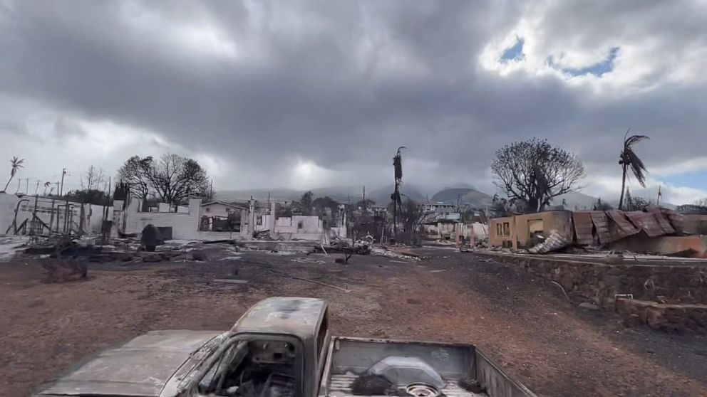 PHOTO: The aftermath of the Maui wildfires in Lahaina is shown in this still from a video taken by firefighter Aina Kohler on Aug. 10, 2023.
