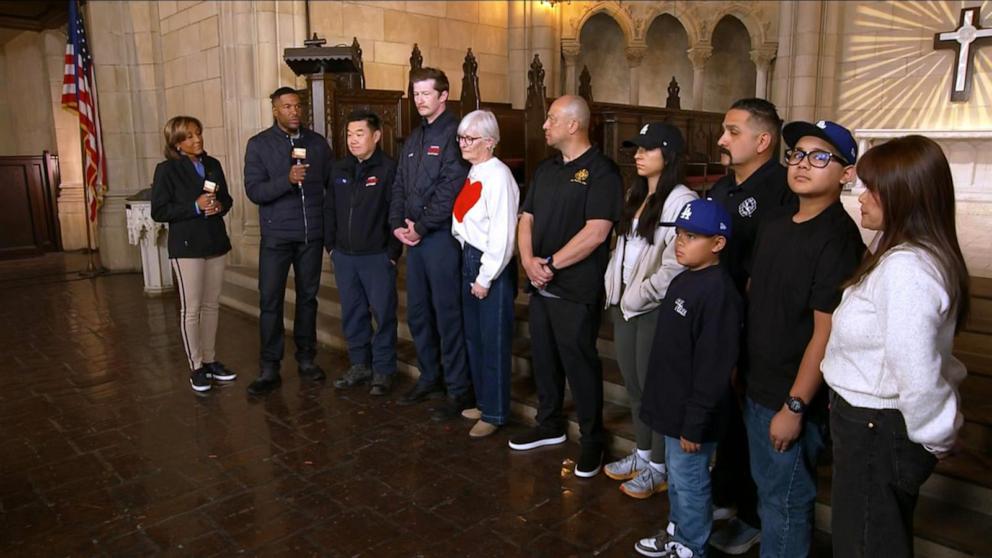 PHOTO: Pasadena Fire Department firefighters and their families join “Good Morning America” live on Jan. 17, 2024.