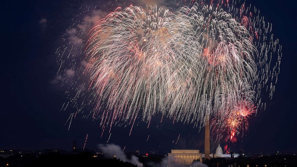 PHOTO: Fourth of July fireworks explode over the Lincoln Memorial, the Washington Monument and the U.S. Capitol, July 4, 2020, in Washington, D.C. 