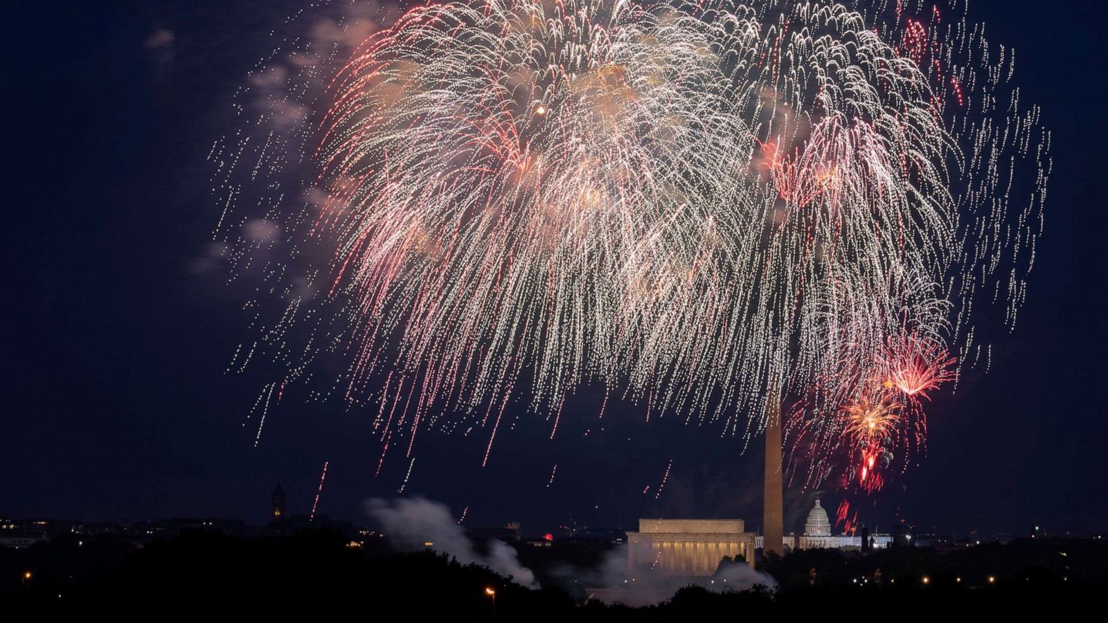 PHOTO: Fourth of July fireworks explode over the Lincoln Memorial, the Washington Monument and the U.S. Capitol, July 4, 2020, in Washington, D.C.