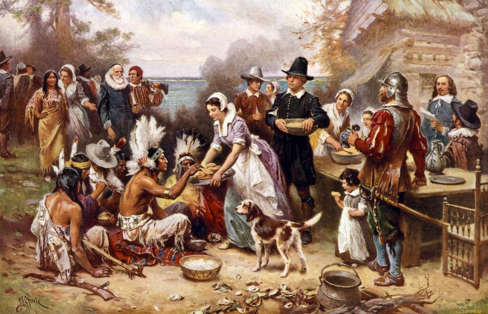 PHOTO: The First Thanksgiving 1621 by artist Jean Leon Gerome Ferris, c. 1932.