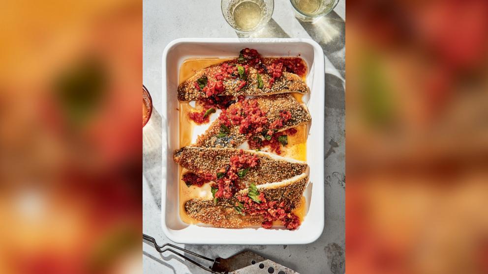 PHOTO: Sesame-Seared Fish with Sicilian Red Pesto.