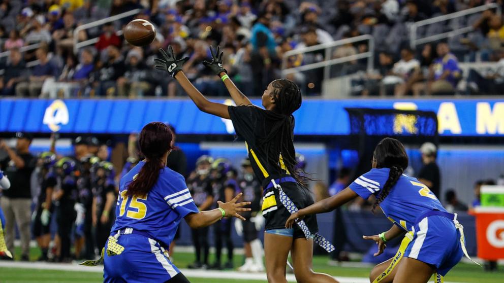 PHOTO: In this Aug. 19, 2023 file photo, a flag football game is shown at SoFi Stadium in Inglewood, Calif.