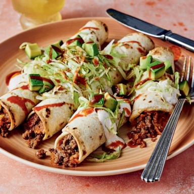 PHOTO: A plate of cheesy beef and sweet potato flautas.