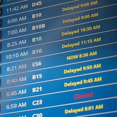 PHOTO: In this July 19, 2024, file photo, flight information is seen on a display screen at Ronald Regan Washington National Airport in Washington, D.C.