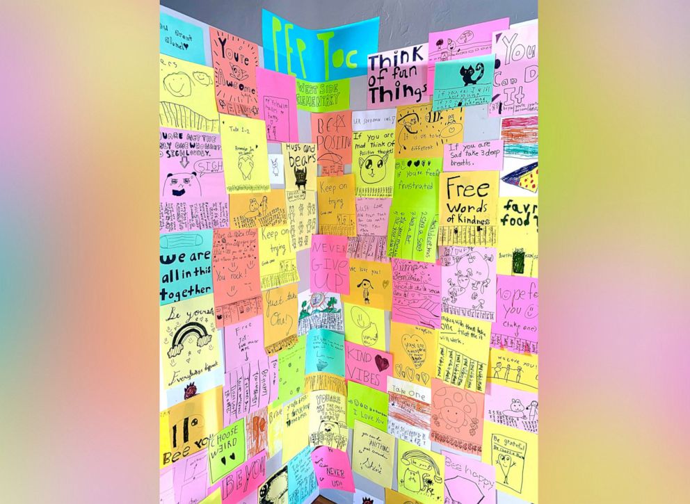 PHOTO: Students at West Side School in Healdsburg, Calif., created flyers with encouraging messages and life advice.