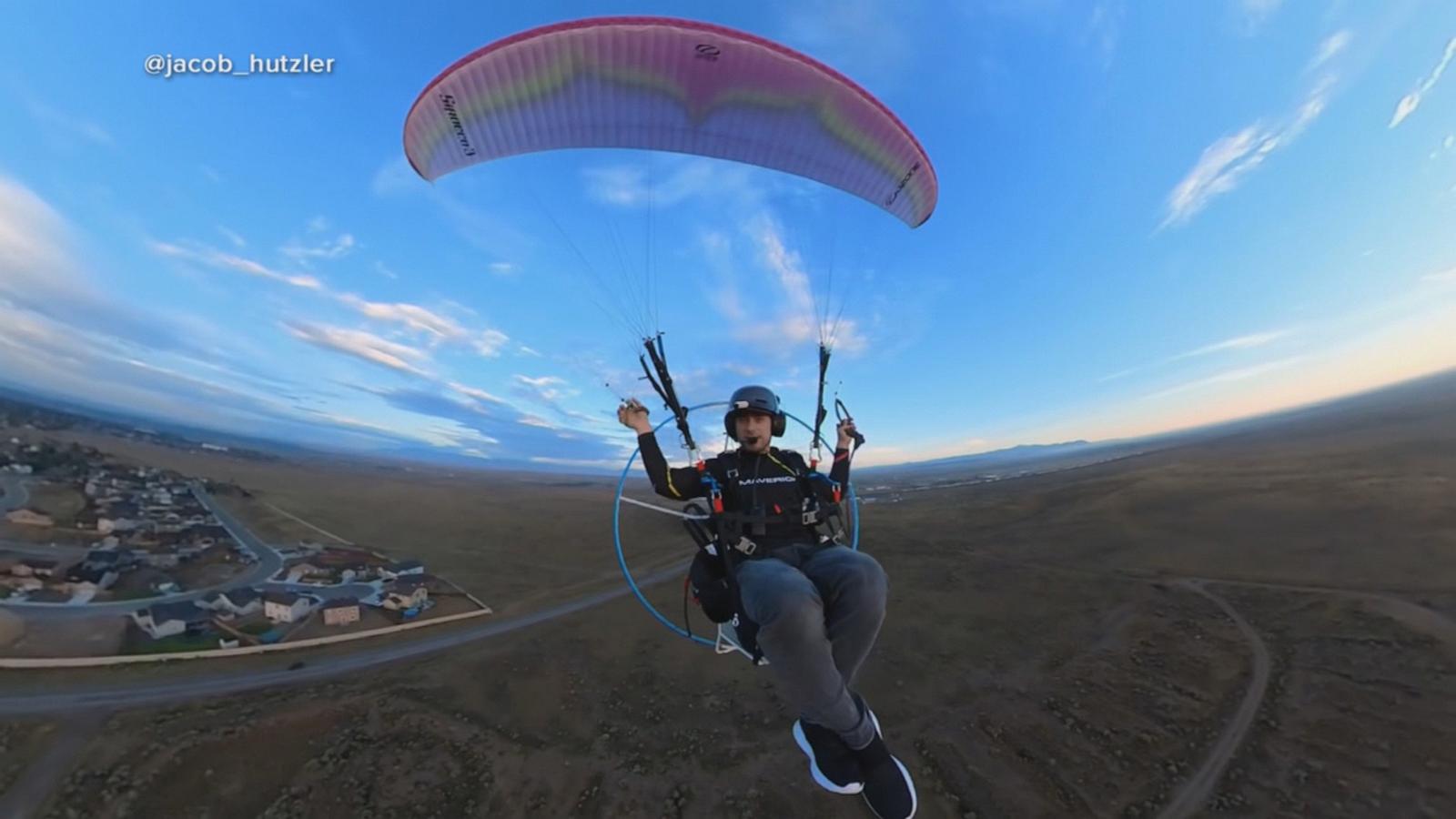 PHOTO: Jacob Hutzler, an air traffic controller, enjoys flying in a powered paraglider to his work site at Colorado's Pueblo Memorial Airport.