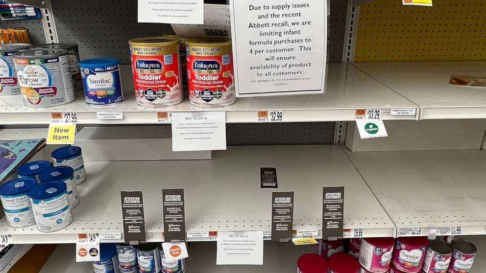 PHOTO: Store shelves where baby formula is stocked is almost empty with signs limiting purchases at a grocery store in Boston, May 15, 2022.