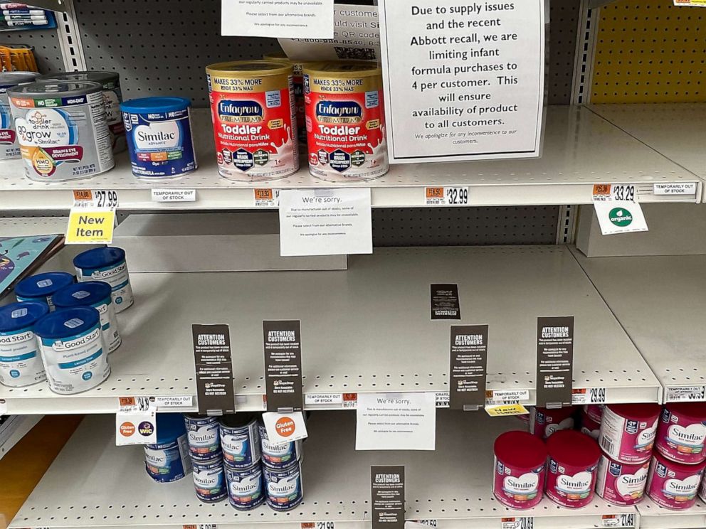 PHOTO: Store shelves where baby formula is stocked is almost empty with signs limiting purchases at a grocery store in Boston, May 15, 2022.