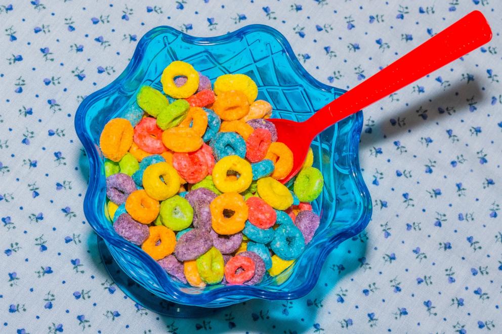 PHOTO: A bowl of Froot Loops cereal, sold in the US and made with artificial dyes, arranged in the Brooklyn, May 22, 2024. 