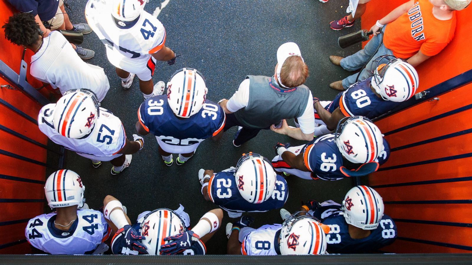 PHOTO: Head coach Gus Malzahn of the Auburn Tigers waits to lead his team out of their tunnel prior to their spring game in Auburn, Alabama.