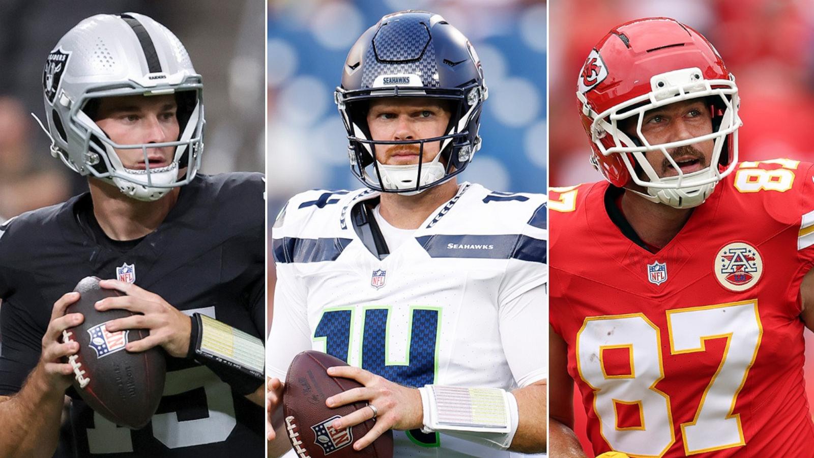 PHOTO: Fernando Mendoza, Aug. 27, 2026, in Las Vegas. Sam Darnold, Aug. 23, 2026 in Nashville, Tenn. Travis Kelce| , Aug. 15, 2026 in Kansas City, Mo.