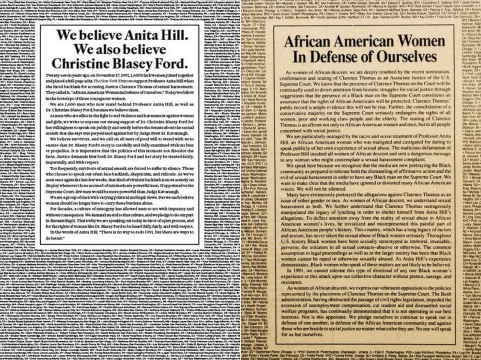 PHOTO: A full-page ad (R) in The New York Times ran in 1991 in support of Anita Hill. In 2018, another ad ran in support of Hill and Christine Blasey Ford.