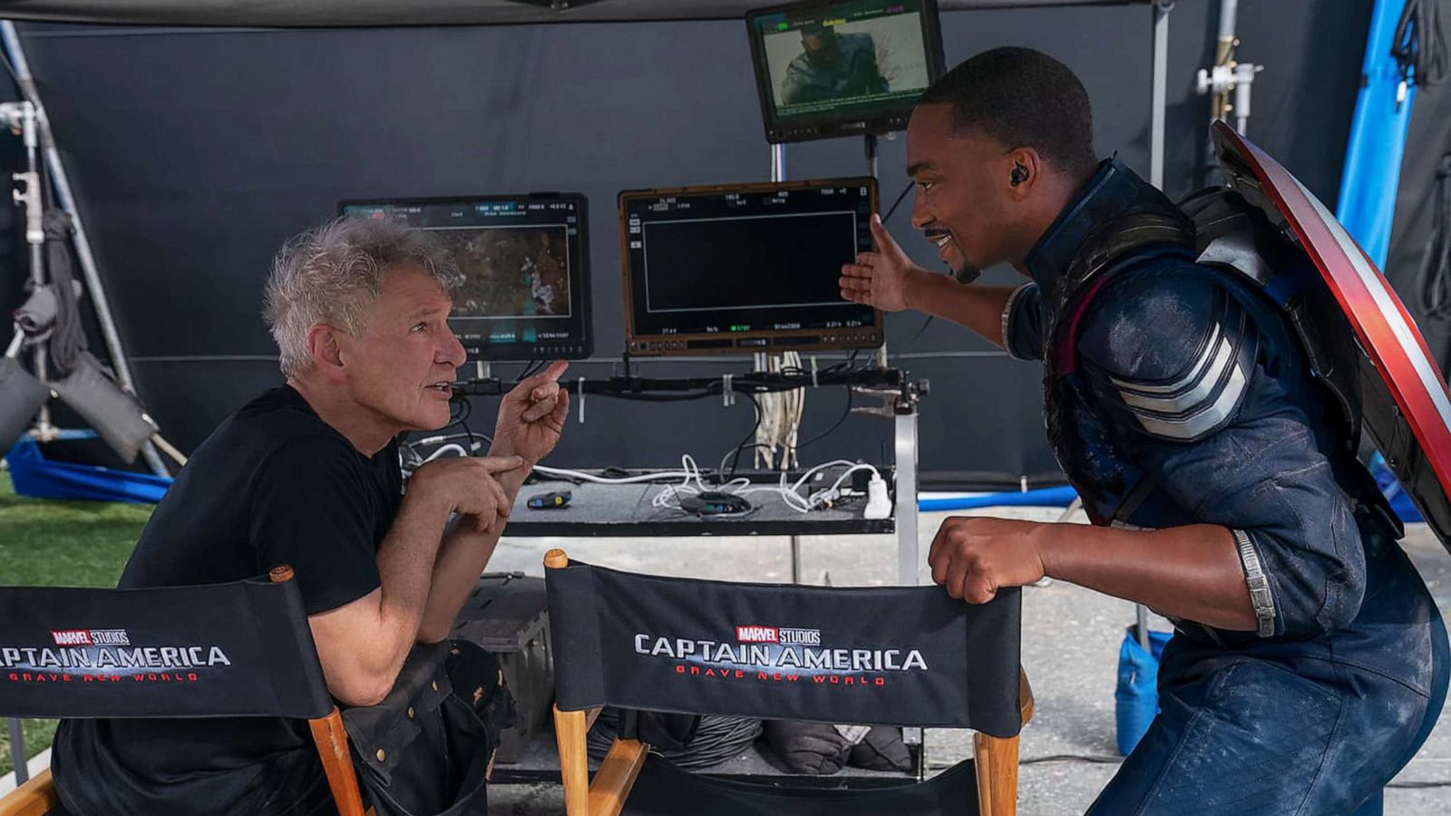 PHOTO: Harrison Ford and Anthony Mackie behind-the-scenes on the set of the upcoming Marvel Studios film "Captain America: Brave New World," in a photo Mackie shared on June 6, 2023.