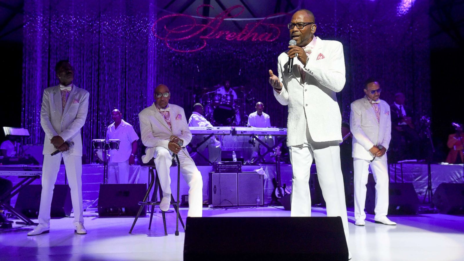 PHOTO: Roquel Payton, Abdul Fakir, Ronnie McNeir, and Harold Bonhart of The Four Tops celebrate the life of Aretha Franklin at a tribute concert, Aug. 30, 2018, in Detroit.