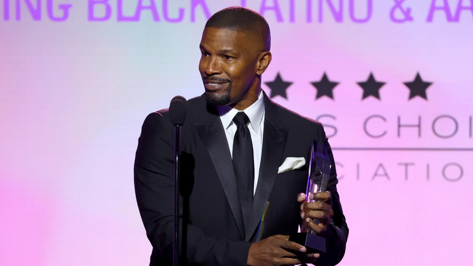 PHOTO: Jaime Foxx speaks onstage during The Critics Choice Association's Celebration Of Cinema & Television: Honoring Black, Latino And AAPI Achievements at Fairmont Century Plaza on Dec. 4, 2023 in Los Angeles.