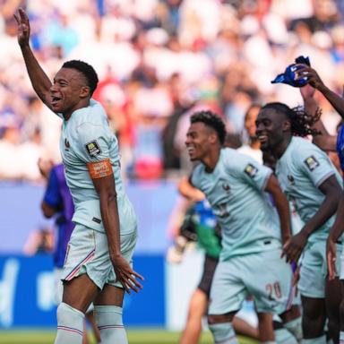 PHOTO: France's Kylian Mbappe, left, celebrates with teammates after France defeated Morocco during the World Cup quarterfinal soccer match between France and Morocco in Foxborough, Mass., near Boston, on July 9, 2026. 