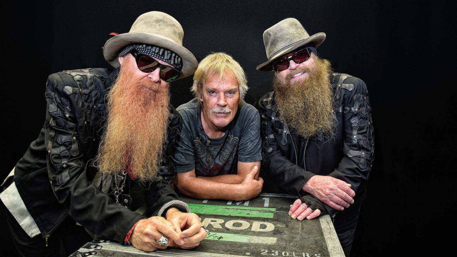 PHOTO: Billy Gibbons, Frank Beard and Dusty Hill of ZZ Top pose for a group portrait backstage at Glastonbury Festival, June 24, 2016.