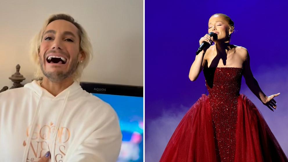 PHOTO: Frankie Grande (left) in a video he shared on Instagram of himself reacting to his sister, Ariana Grande's Oscars performance. Ariana Grande (right) sings on stage during the 97th Annual Oscars at Dolby Theatre, March 2, 2025.