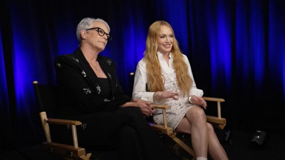 PHOTO: Jamie Lee Curtis and Lindsay Lohan speak about "Freaky Friday 2," 2025 at D23, Aug. 9, 2024, in Anaheim, Calif.