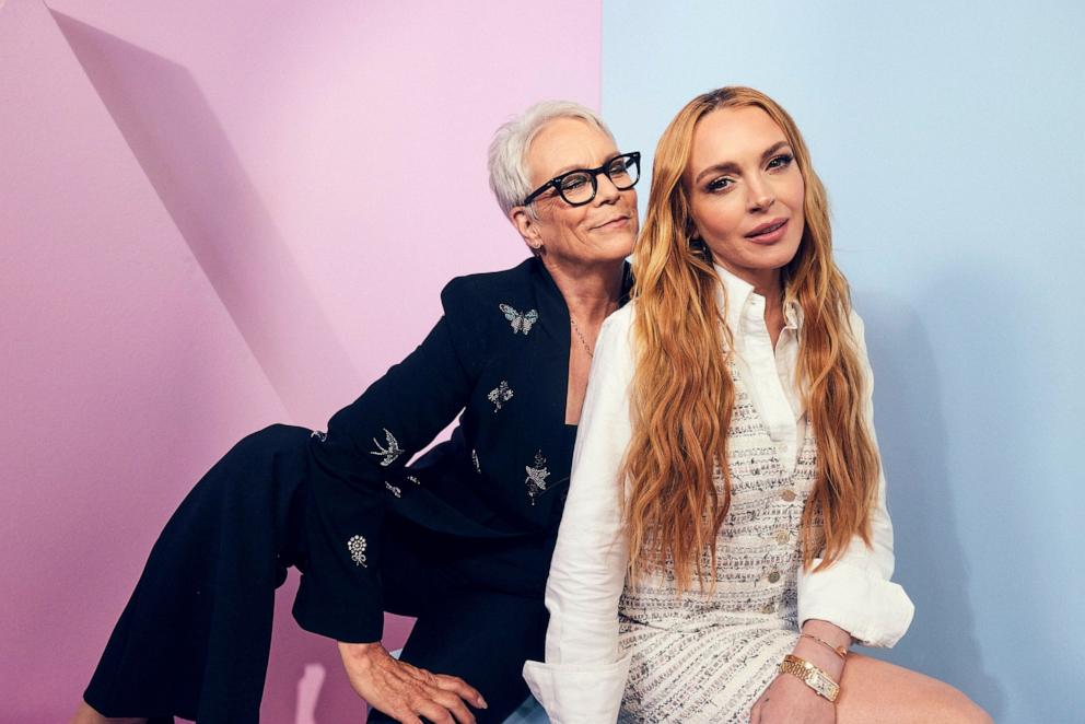 PHOTO: Jamie Lee Curtis and Lindsay Lohan of "Freaky Friday 2" pose in the IMDb Official Portrait Studio at D23 2024 at Honda Center on Aug. 9, 2024 in Anaheim, Calif.