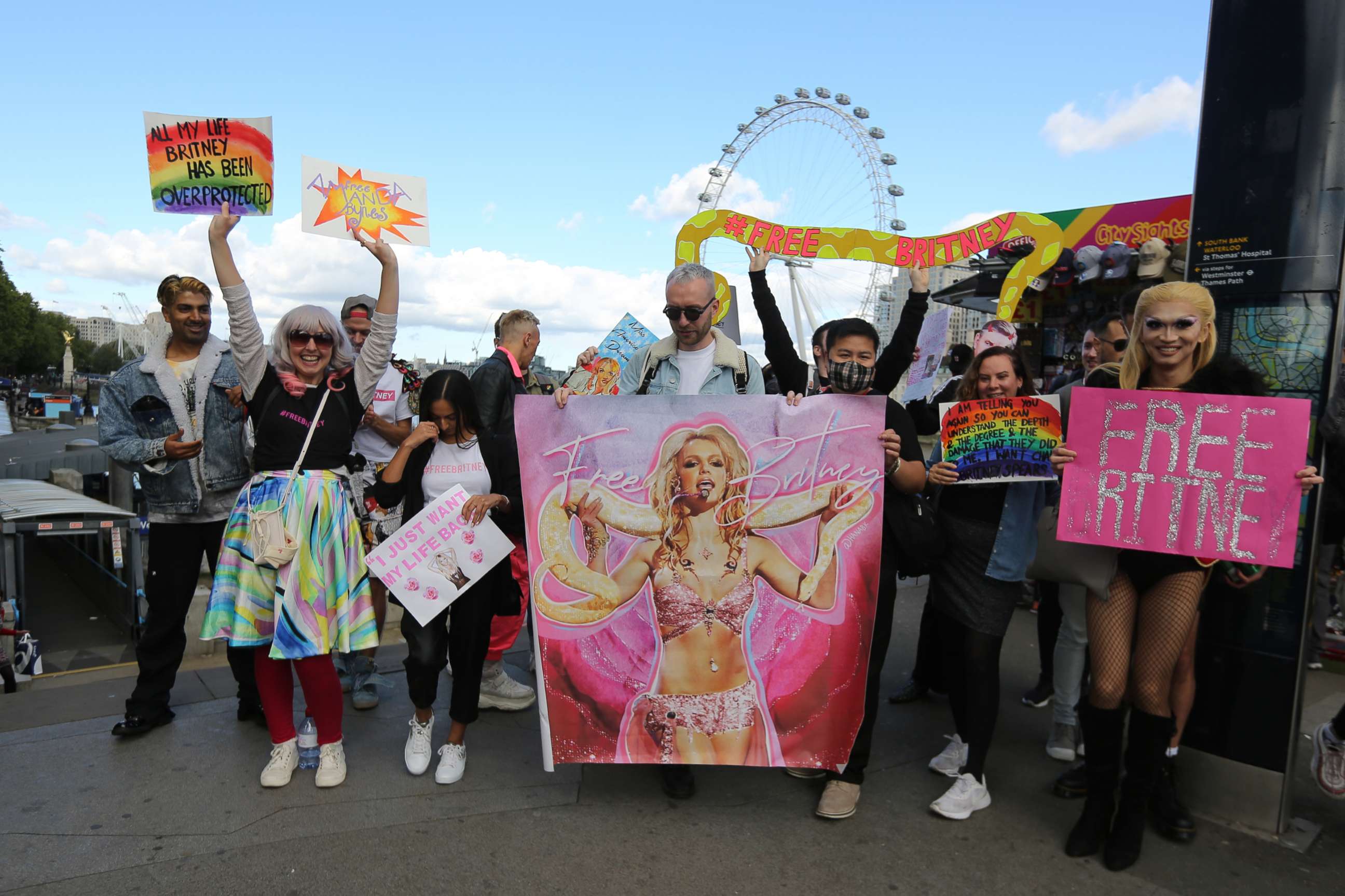 PHOTO: FreeBritney activists stage a protest in London calling the conservatorship over pop star Britney Spears to be lifted as the verdict is expected in the case today, Sept. 29, 2021.