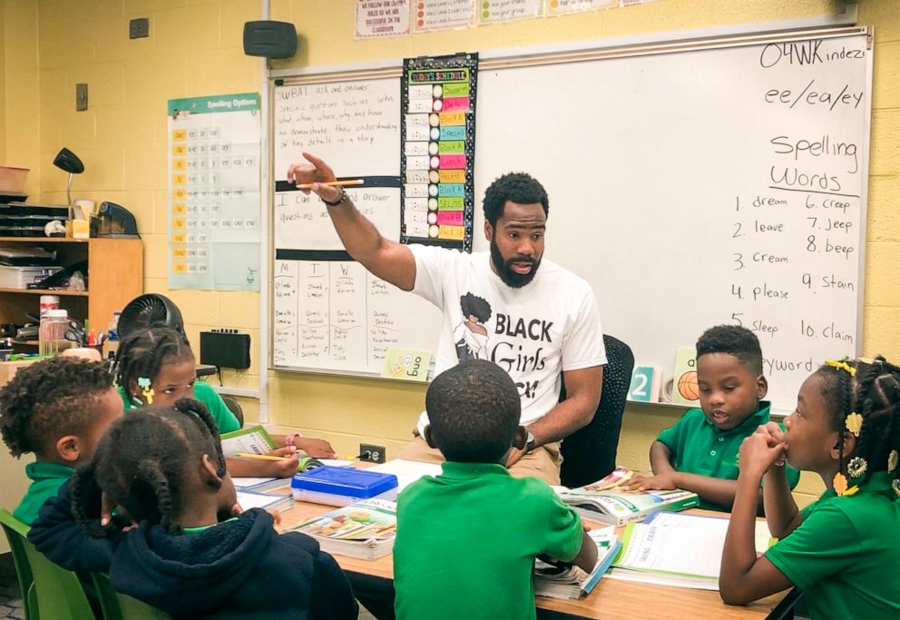 PHOTO: Sammy Rigaud, a second-grade teacher at The Kindezi School at Old Fourth Ward in Atlanta, Georgia, teaches in the classroom on Oct. 3, 2019, to students Orlando Battles, Lamrion Ross, Quavis Howard, Landyn Chambers and Amirrah Russell. 