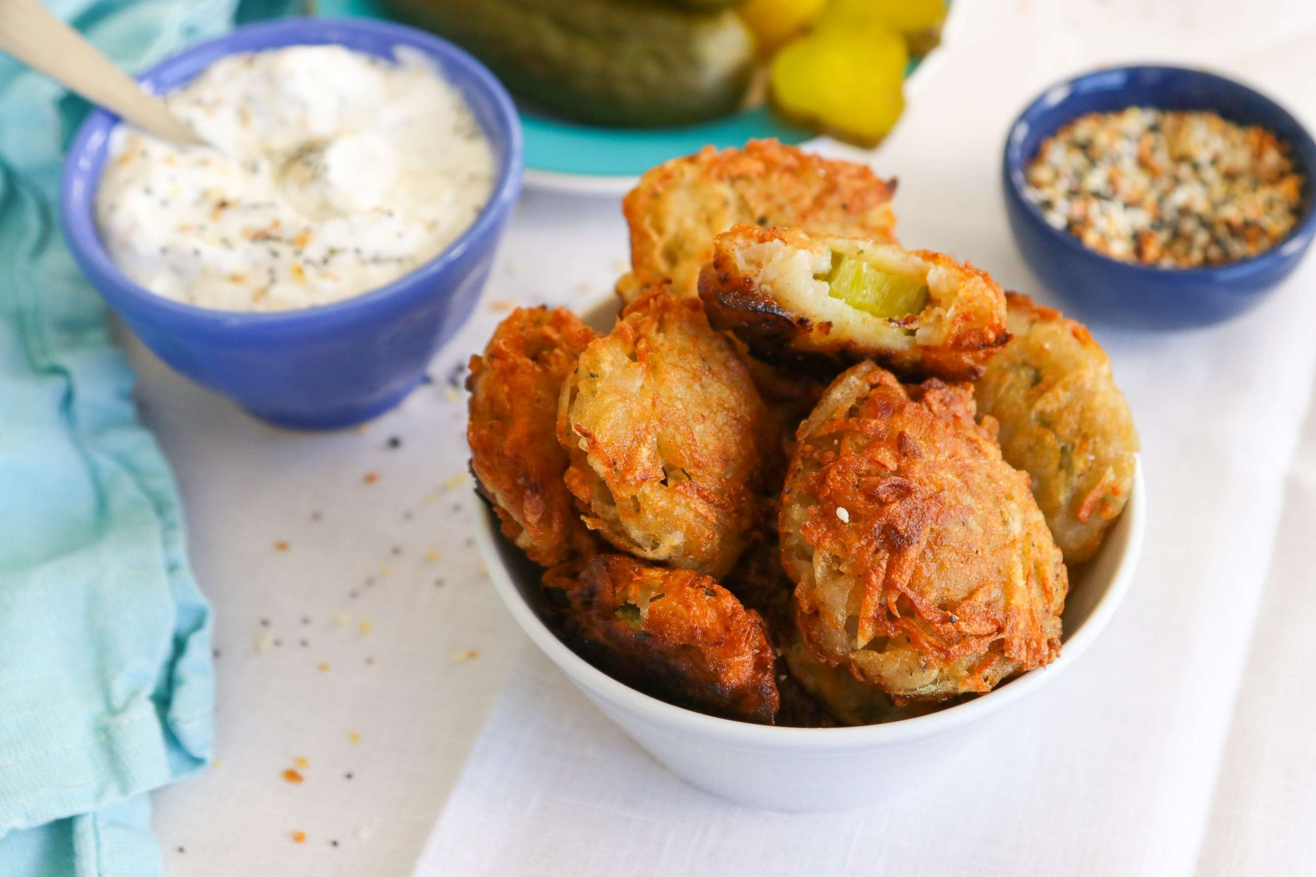 PHOTO: Fried pickle latkes with everything bagel seasoned ranch dipping sauce.