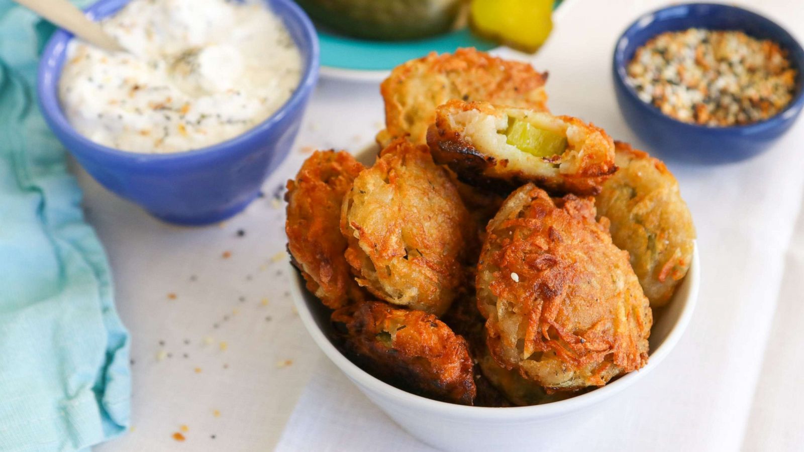 PHOTO: Fried pickle latkes with everything bagel seasoned ranch dipping sauce.