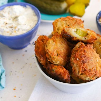 PHOTO: Fried pickle latkes with everything bagel seasoned ranch dipping sauce.