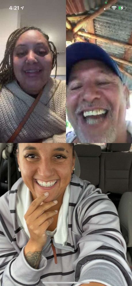 PHOTO: Julia Tinetti, 31 and Cassandra Madison, 32, met in 2013 while employed in New Haven, Connecticut. On Jan. 28, DNA test results revealed they are sisters. Here, they are pictured speaking over video chat to their father, Adriano Luna Collado.