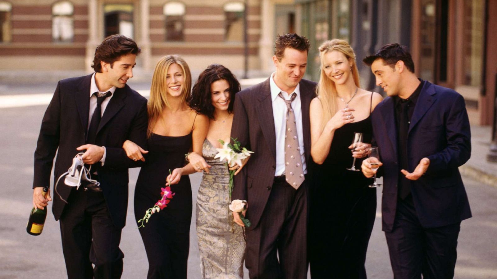 Cast members of NBC's comedy series "Friends." Left to right, David Schwimmer as Ross Geller, Jennifer Aniston as Rachel Green, Courteney Cox as Monica Geller, Matthew Perry as Chandler Bing, Lisa Kudrow as Phoebe Buffay, Matt LeBlanc as Joey Tribbiani.