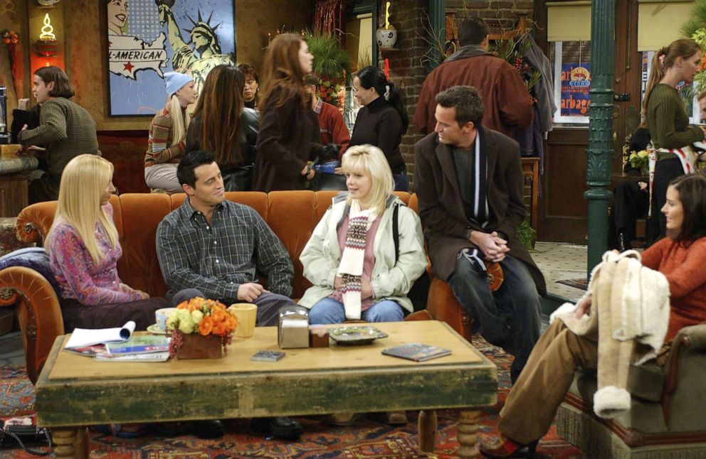 PHOTO: From left, Lisa Kudrow as Phoebe Buffay, Matt LeBlanc as Joey Tribbiani, Anna Faris as Erica, Matthew Perry as Chandler Bing, Courteney Cox as Monica Geller-Bing appear in an episode of "Friends."