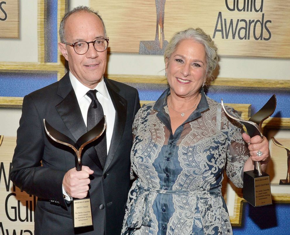 PHOTO: Honorees David Crane and Marta Kauffman, recipients of the Paddy Chayefsky Laurel Award, pose in the Press Room during the 2016 Writers Guild Awards, Feb. 13, 2016, in Los Angeles.