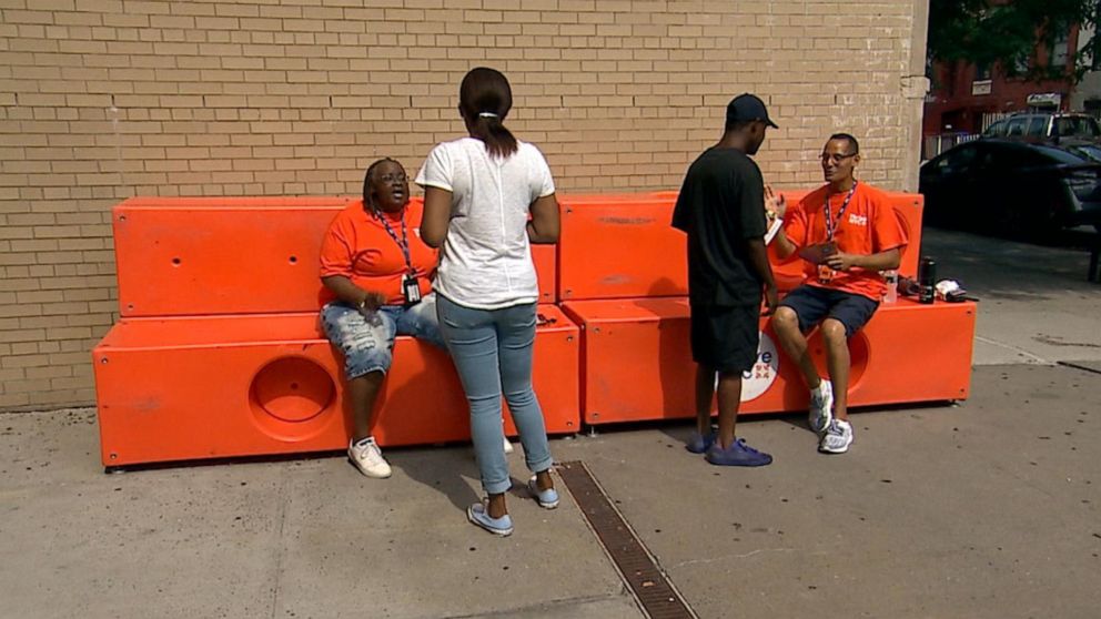 PHOTO: The Friendship Bench offers peer-to-peer mental health conversations on benches in New York City.