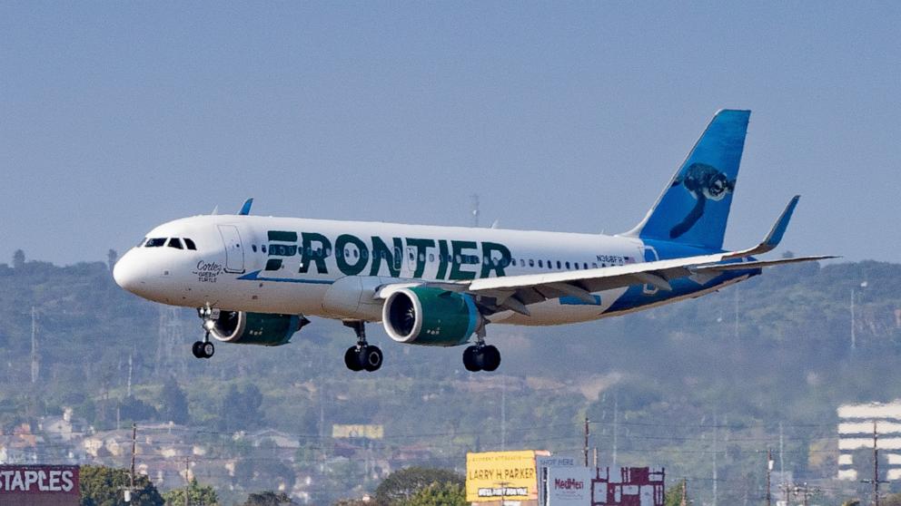 PHOTO: Frontier Airlines Airbus A320-251N arrives at Los Angeles International Airport, May 24, 2024, in Los Angeles.