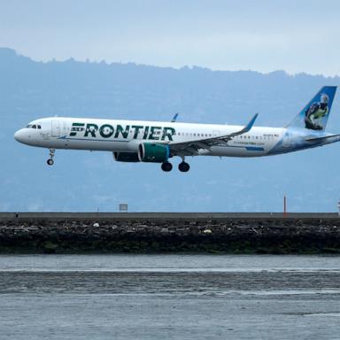 PHOTO: A Frontier Airlines plane lands at San Francisco International Airport on April 15, 2025 in San Francisco, California.