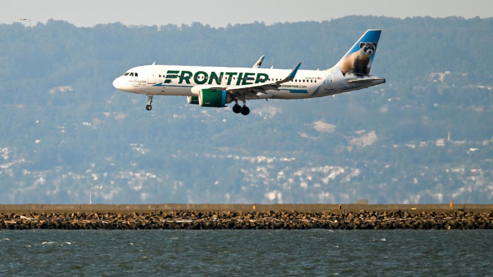 PHOTO: In this June 8, 2023, file photo, a Frontier Airlines plane lands at San Francisco International Airport (SFO) in San Francisco.