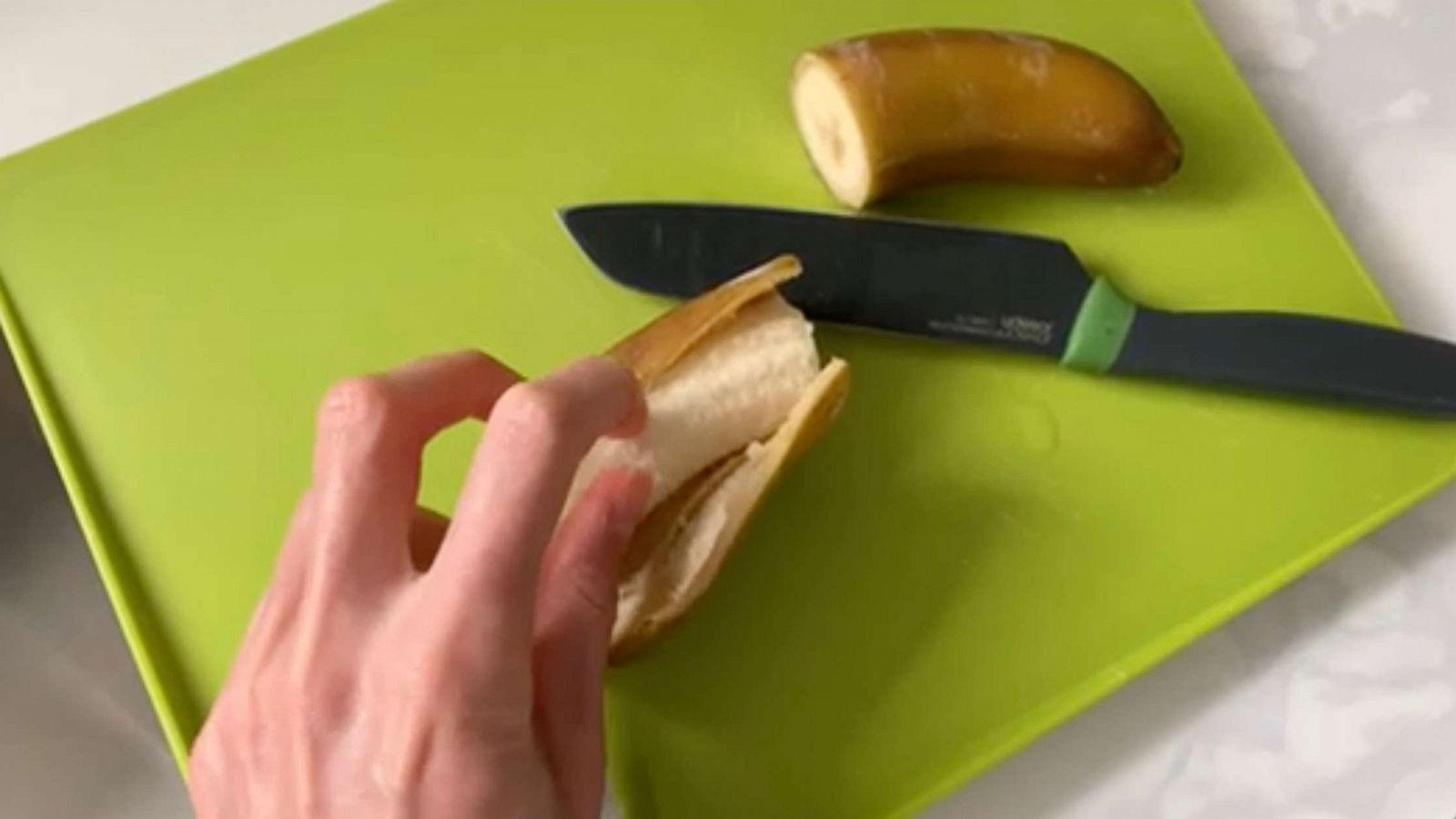 PHOTO: After running a frozen banana under warm water, slicing and peeling off the skin is easy.