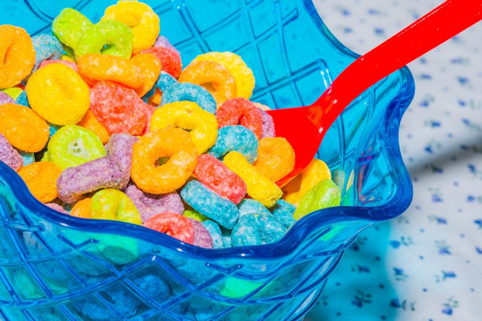 PHOTO: A bowl of Froot Loops cereal, sold in the US and made with artificial dyes, arranged in the Brooklyn borough of New York, on May 22, 2024. 