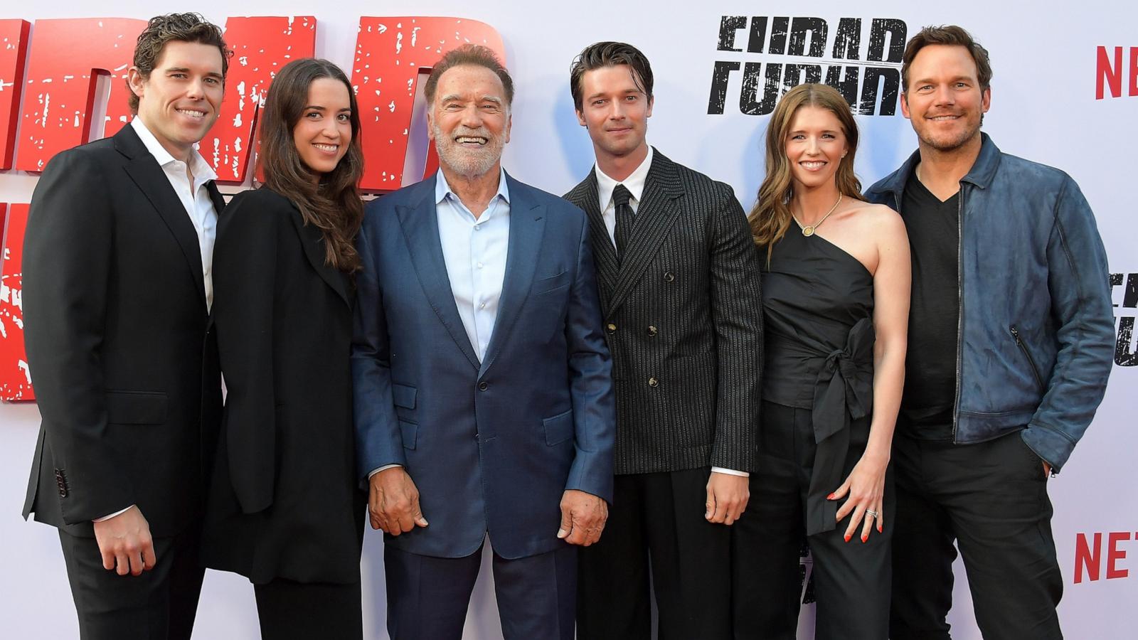 PHOTO: Christopher Schwarzenegger, Christina Schwarzenegger, Arnold Schwarzenegger, Patrick Schwarzenegger, Katherine Schwarzenegger and Chris Pratt attend Netflix's "FUBAR" Season 2 Los Angeles Premiere, June 11, 2025 in Los Angeles.