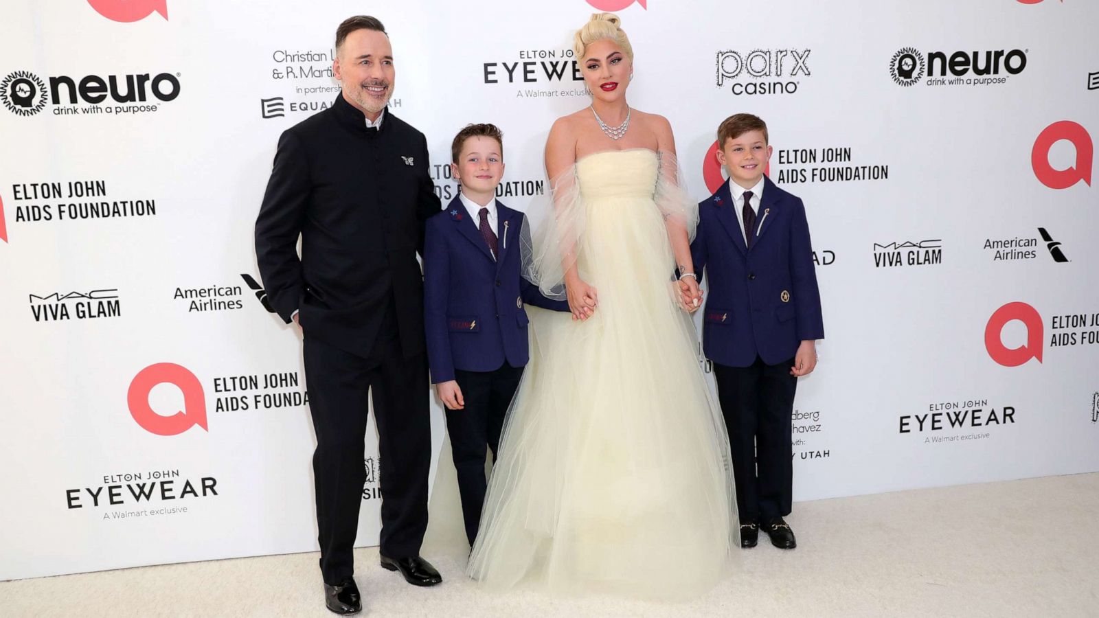 PHOTO: Left to righ, David Furnish, Elijah Joseph Daniel Furnish-John, Lady Gaga and Zachary Jackson Levon Furnish-John attend Elton John AIDS Foundation's 30th Annual Academy Awards Viewing Party on March 27, 2022 in West Hollywood, Calif.