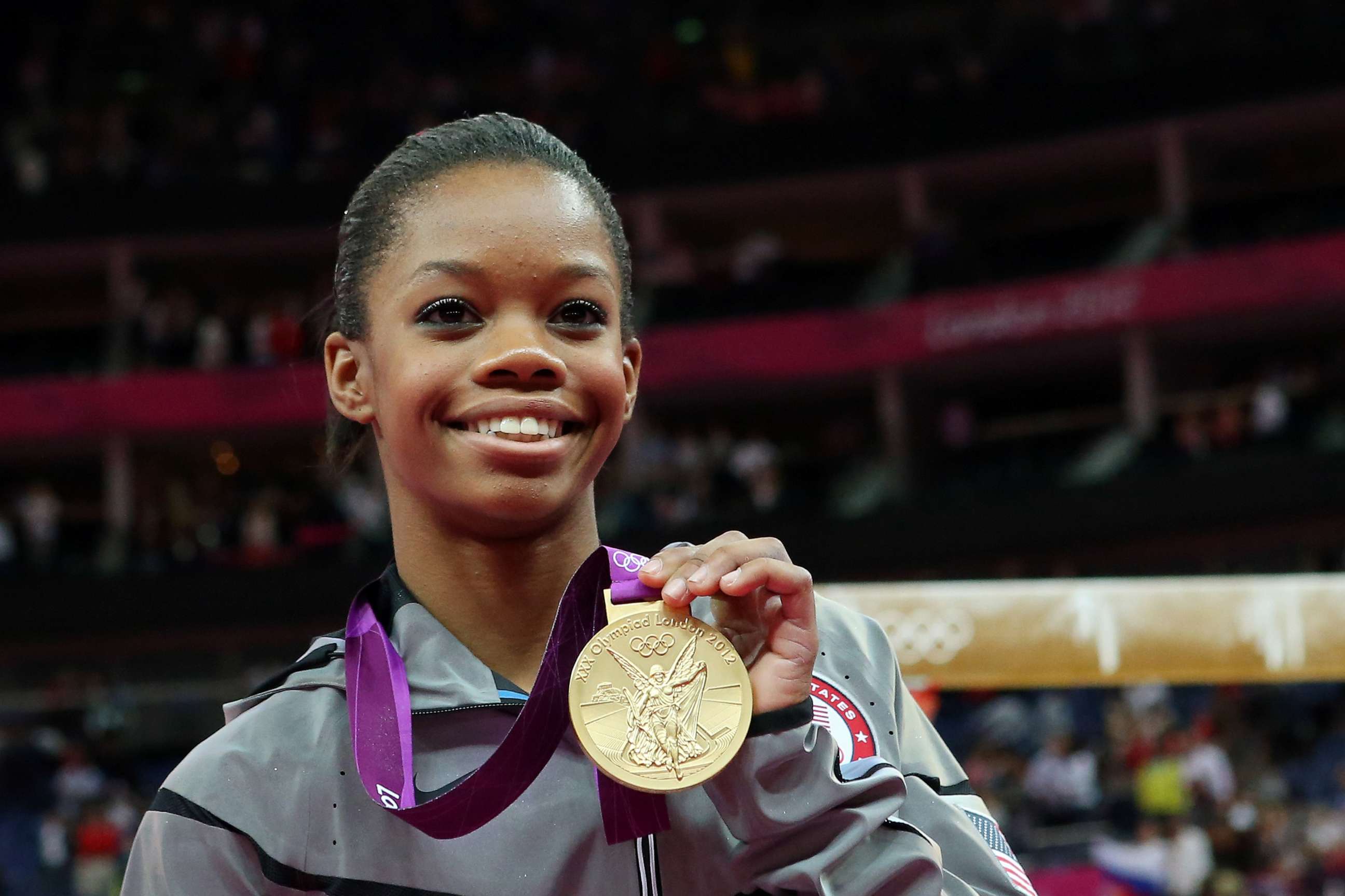 PHOTO: In this Aug. 2, 2012, file photo, Gabrielle Douglas of the United States celebrates after winning the gold medal in the Artistic Gymnastics Women's Individual All-Around final on Day 6 of the 2012 Olympic Games in London.