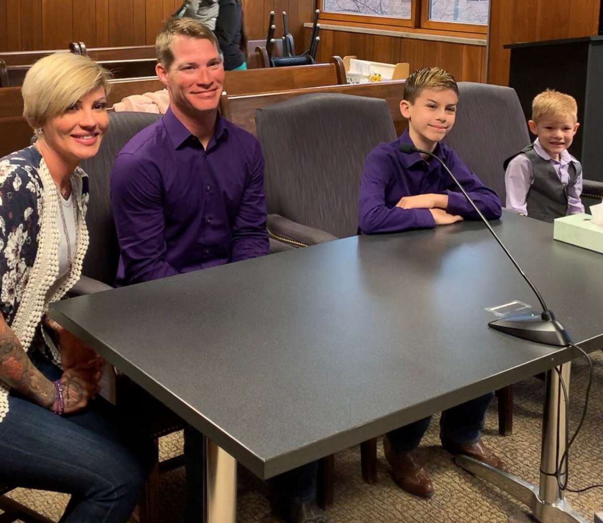 PHOTO: Gabe Banzhof, 10, is seen at a Monroe Country courthouse in Michigan, with his mother, Jessica Banzhof, 10, brother Eli Banzhof, 5 and father Thomas Banzhof, on April 17, 2019, on the day Gabe was adopted by his dad.