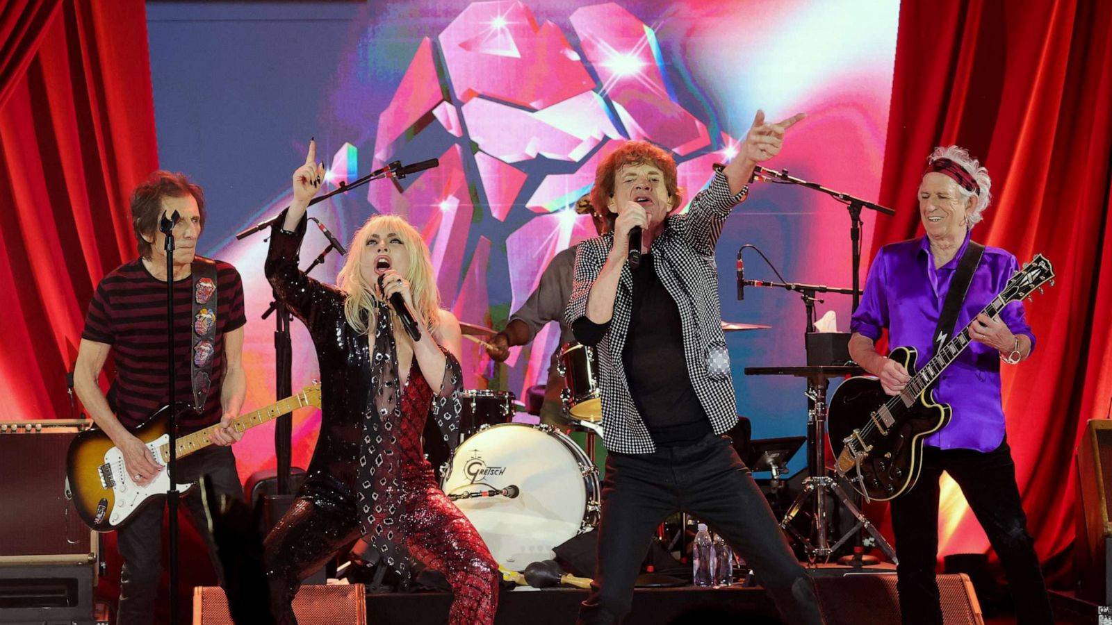 PHOTO: Ronnie Wood, Lady Gaga, Mick Jagger, Steve Jordan and Keith Richards perform during The Rolling Stones surprise set in celebration of their new album "Hackney Diamonds" at Racket NYC on Oct. 19, 2023 in New York City.