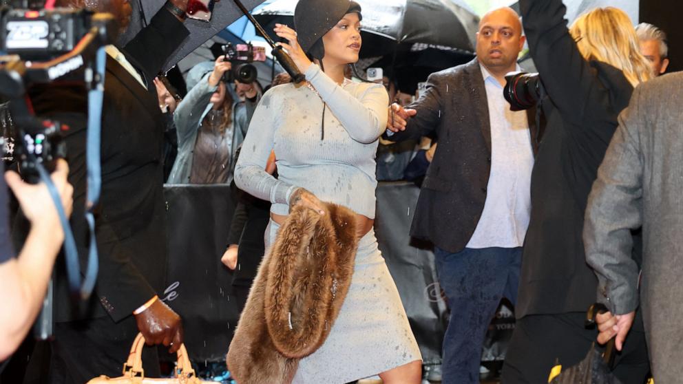 PHOTO: Rihanna arrives at the Carlyle Hotel before attending the Met Gala, an annual fundraising gala with this year's theme 'Superfine: Tailoring Black Style,' in New York, May 5, 2025. 