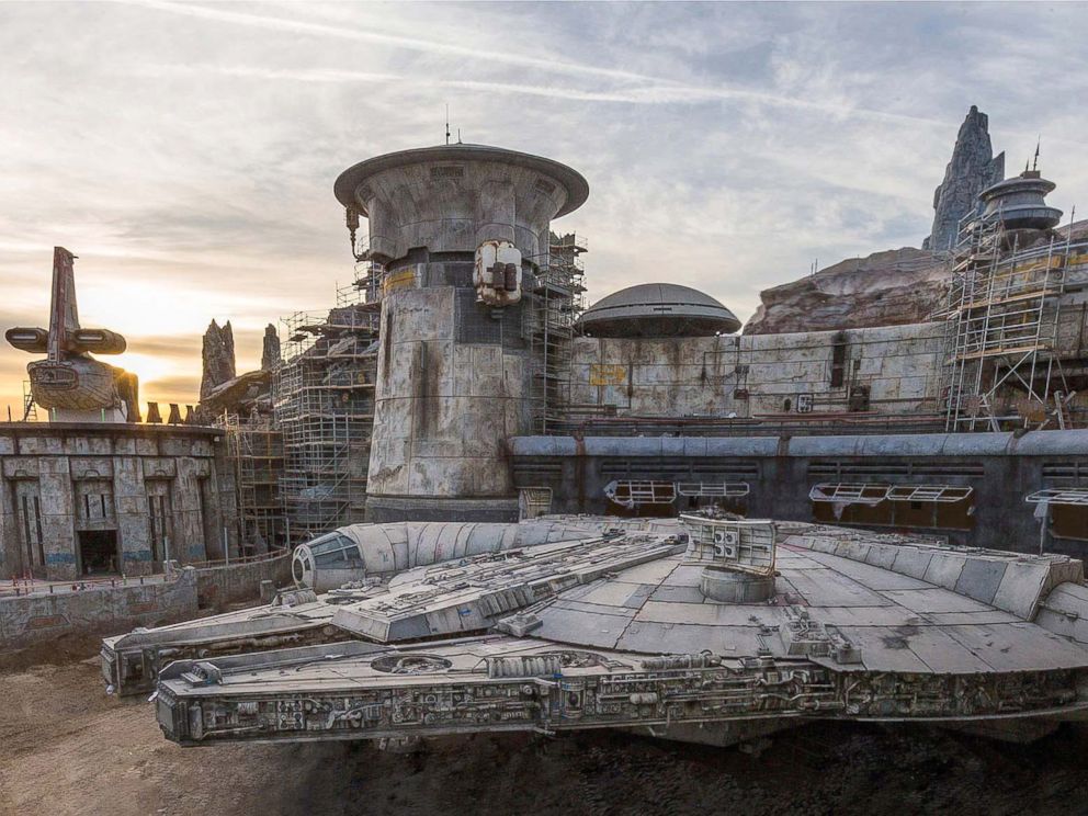 PHOTO: The completed Millennium Falcon sits amid Star Wars: Galaxys Edge buildings still under construction at Disneyland in this image released in December 2018.