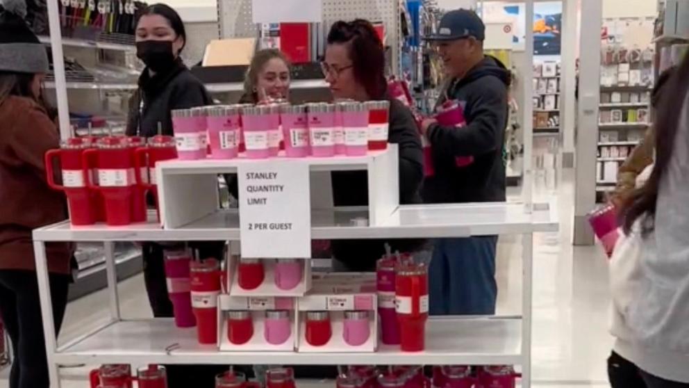 PHOTO: People rush to get special-edition “Galentine’s Day” Stanley cups at Target, Dec. 31 2023, in Goodyear, Ariz.
